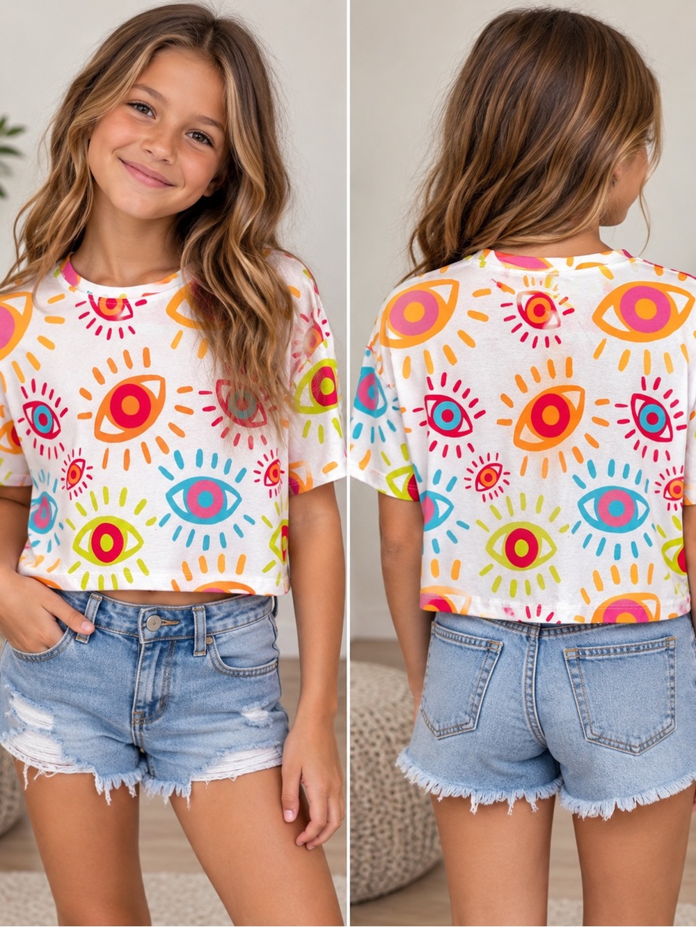 Chico’s Girls’ Collection Colorful Eye Print Crop Top Size G (10/12) Retro Y2K